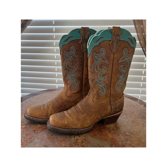 Justin Sevana Tan Western Cowboy Turquoise Brown Leather Boots - Picture 6 of 9
